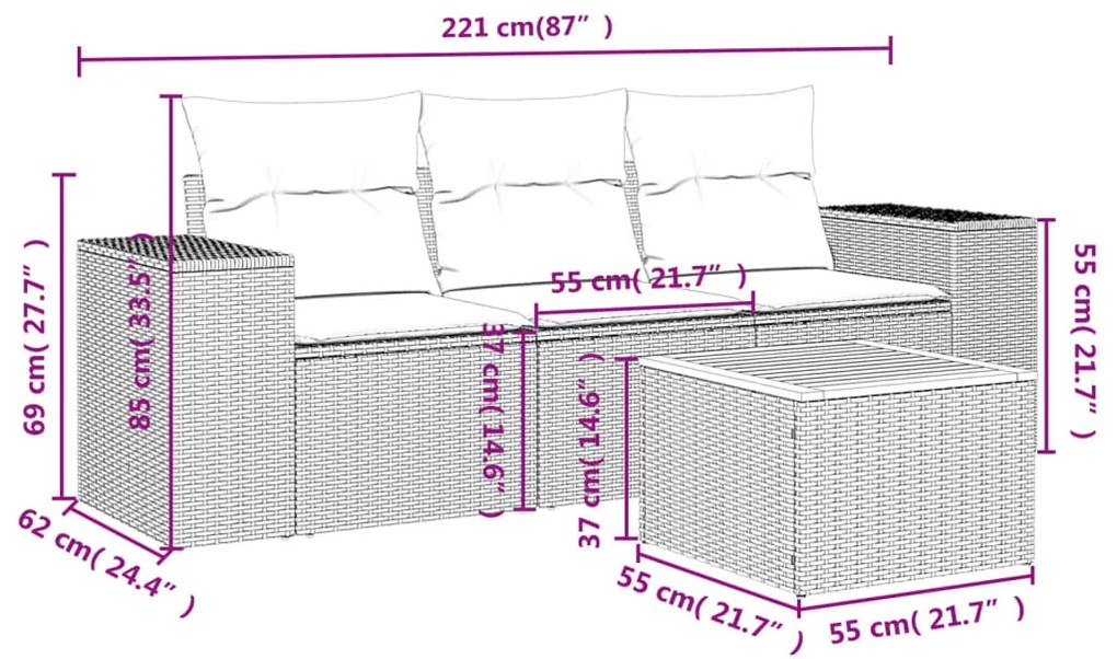 4 részes fekete polyrattan kerti ülőgarnitúra párnákkal