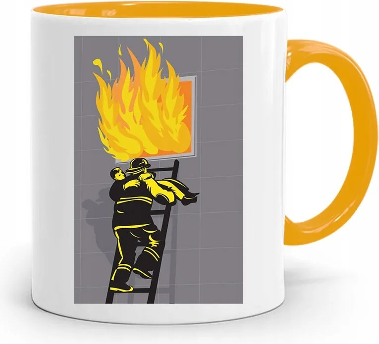 Sárga Bögre Tűzoltónak Tűzoltó Lángokban, fényképes nyomattal