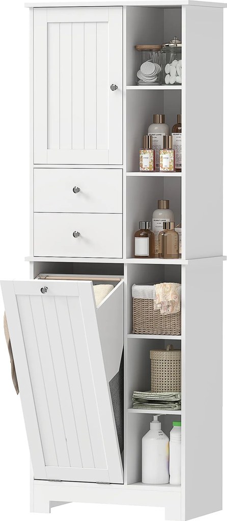 HOMCOM keskeny fürdőszobai szekrény, magas tároló kihúzható mosókosárral, 2 fiókkal és nyitott polcokkal – fehér, 60 x 28,8 x 171 cm | Aosom