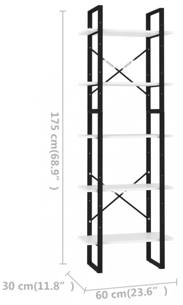 5 szintes fehér szerelt fa könyvszekrény 60 x 30 x 175 cm