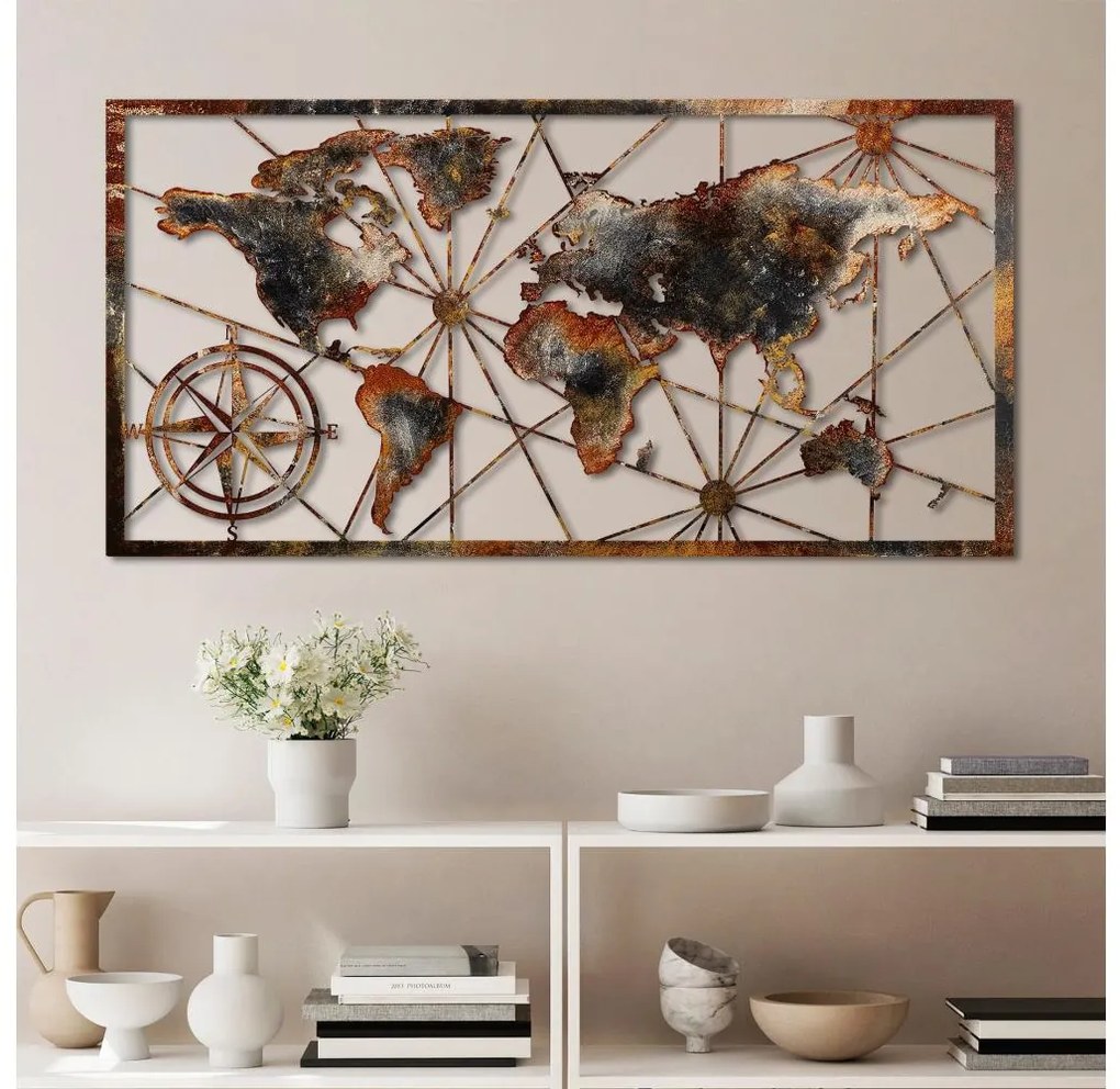 Fali dekoráció 120x60 cm világtérkép fém