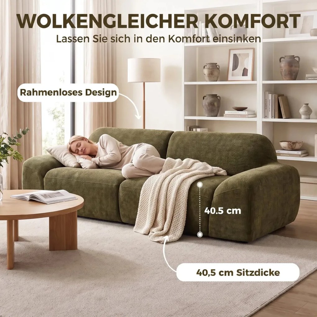 HOMCOM kanapé 3 személyes, lekerekített és keret nélküli, 244 x 95 x 70 cm, sötétzöld