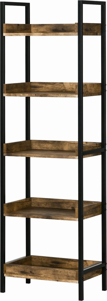 HOMCOM Ipari Stílusú 5-polcos Könyvespolc, Fa és Fém Könyvespolc Otthonra és Irodába, 48x30x155cm, Rusztikus Barna | Aosom