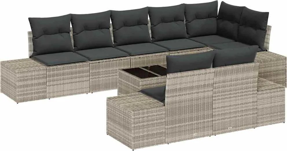 vidaXL Kerti Kanapé Szett párnával 9 pcs Világosszürke polirattan