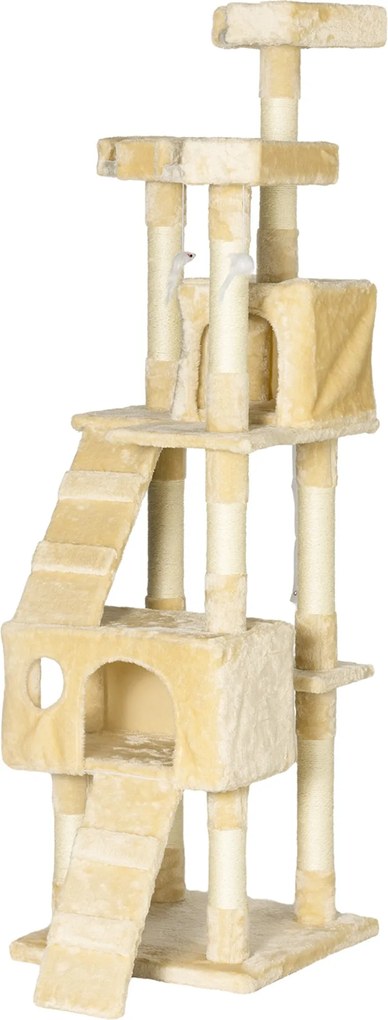 PawHut Macska Karcolófa Nagy 49x49x173 cm Több Szinttel, Barlangokkal, Lépcsőkkel, Lógó Játékokkal és Ágyakkal | Szizál Krém | Aosom