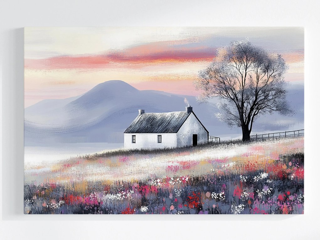 Vászonkép Canvas Vidéki Tájkép Hegyek Rét Virágok Fa Ház 120x80