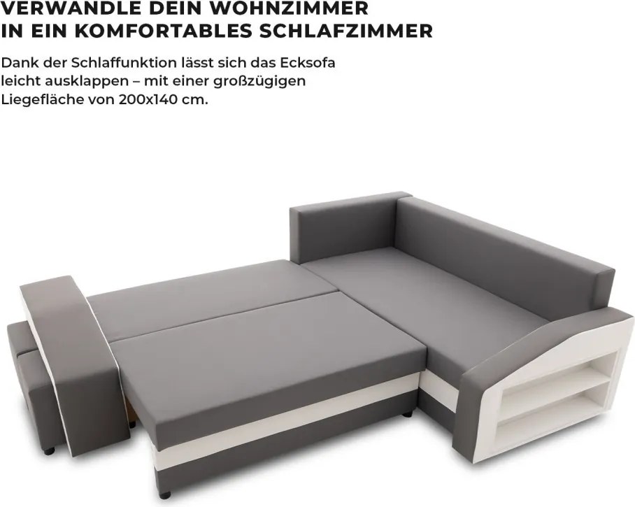 Grande sarokkanapé polcokkal és puffokkal , polc a jobb karfaban puffok a bal karfaban, jobboldali, szövet anyag, hab töltet, szürke - fehér