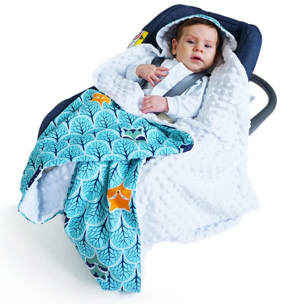 Baby Nellys luxus pamut takaró 3in1 minkyvel, 90x90cm, Erdő türkiz, Minky - fehér