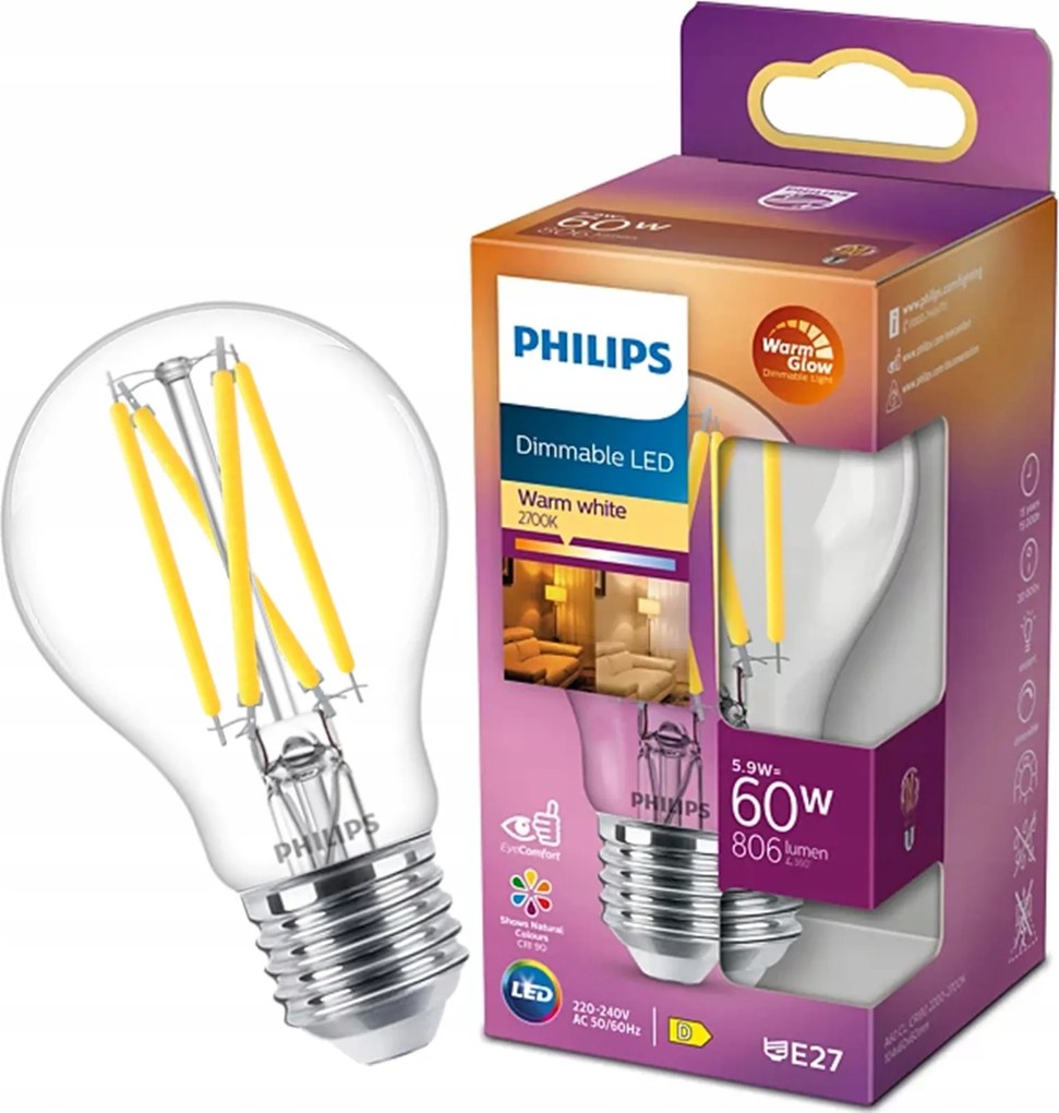 Led izzó E27 A60 5,9W 60W 806lm Meleg fényerőszabályozható Filament Philips
