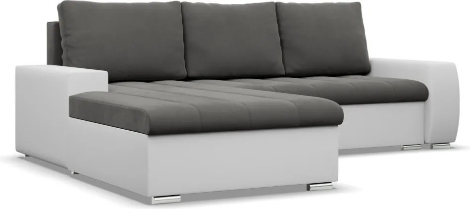 Toronto sarokkanapé, 2 ágyneműtartóval, bársony + műbőr, baloldali, szürke - fehér