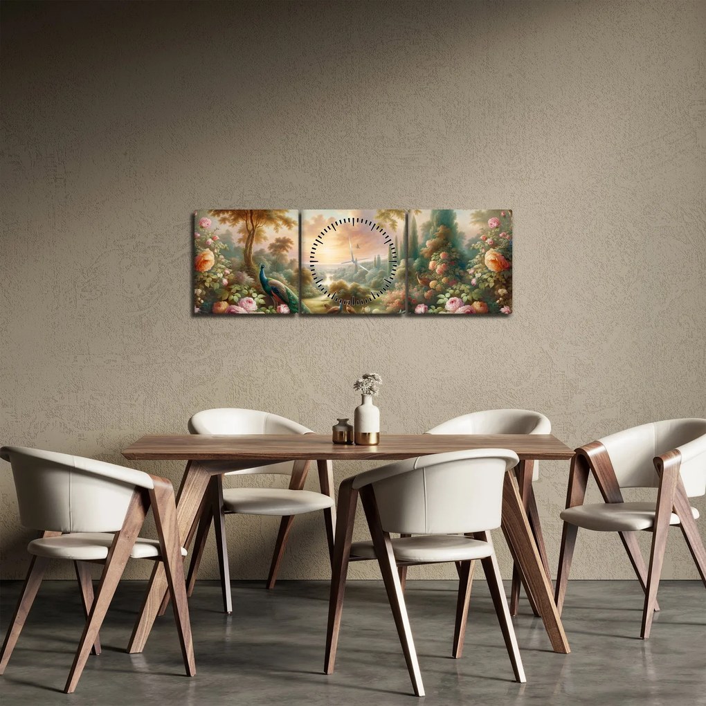 Kép - Pávák a kertben (órával) (90x30 cm)