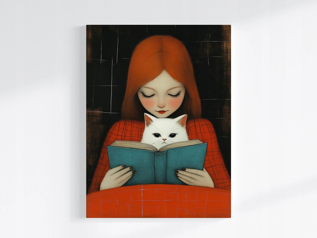 Vászonkép Canvas Vörös Lány Macska Könyv Olvasmány Barátság 75x100