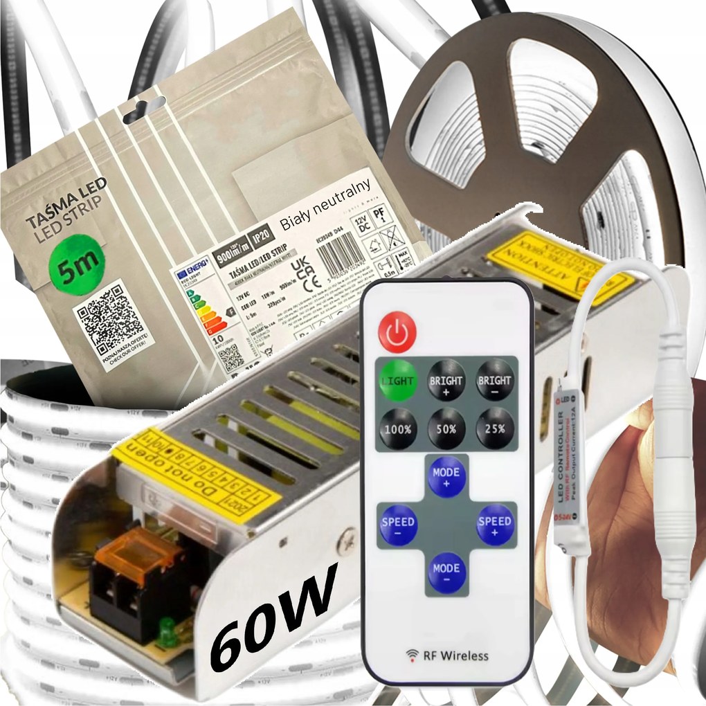 Led szalag szett Neon Cob 12V 5m 4000K Fehér Semleges Tápegység 60W Távirányító