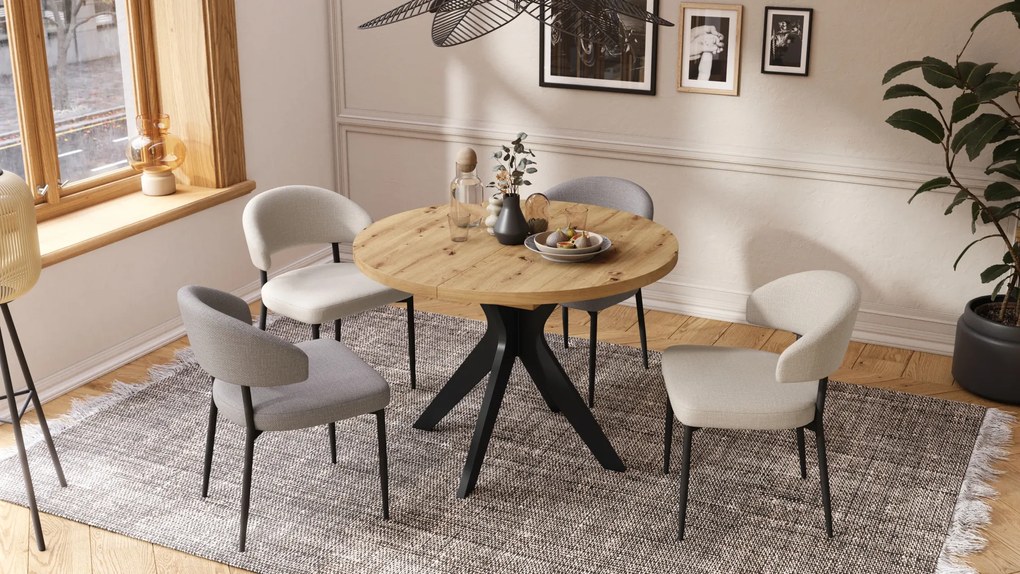 Mazzoni RENZO Artisan Tölgy/fekete láb - KEREK ASZTAL Ø110 180 cm-re BŐVÍTHETŐ | A KONYHÁBA ÉTKEZŐBE NAPPALIBA RETRO