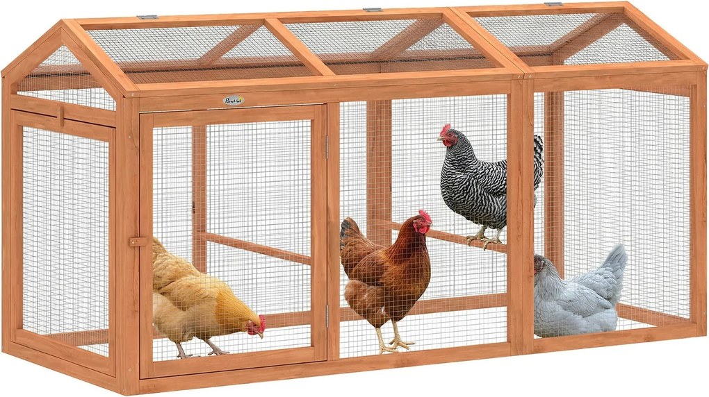 PawHut fa tyúkkifutó 156 x 70,5 x 84 cm, ülőrúddal és dupla ajtóval, fa–fém kerítés, kültéri kifutó 4 tyúknak | Aosom