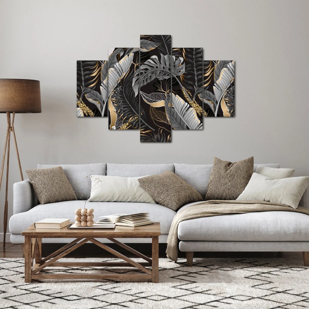 Kép - Trópusi levelek fekete és arany színben (150x105 cm)