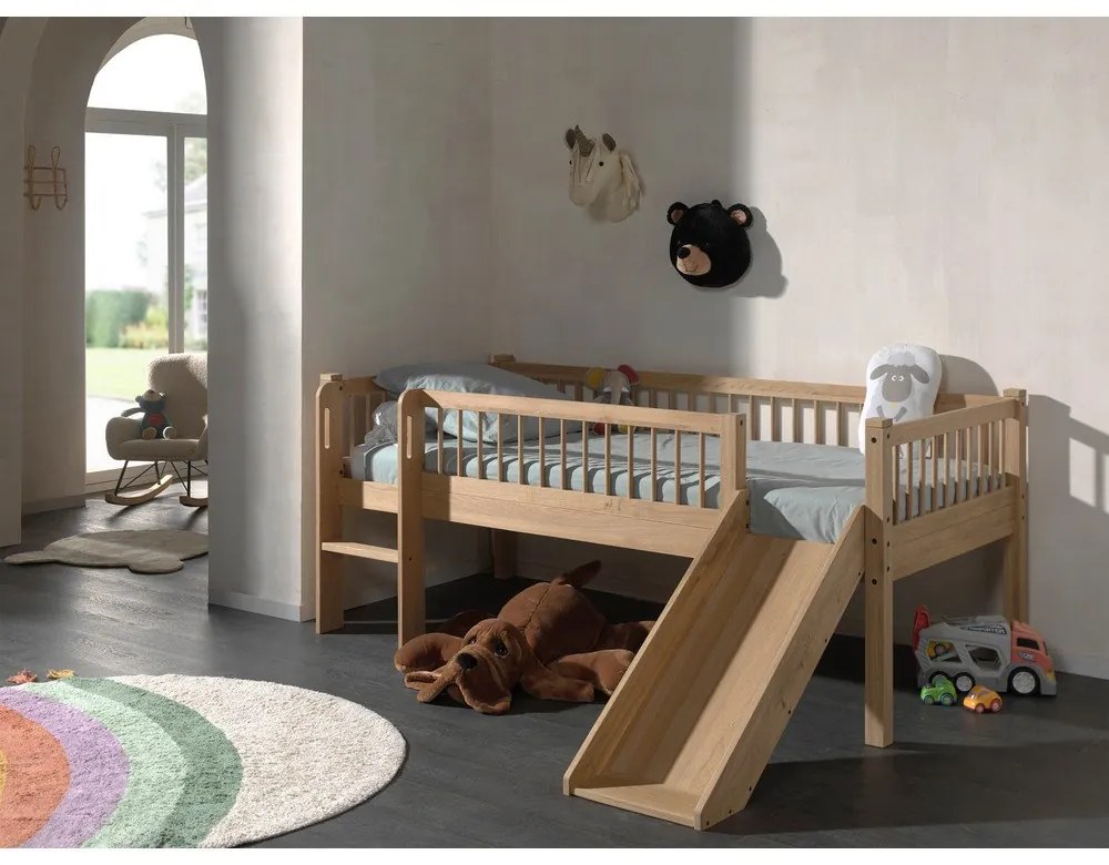 Natúr színű bükkfa galéria gyerekágy csúszdával, ágyráccsal 90x200 cm Forrest – Vipack