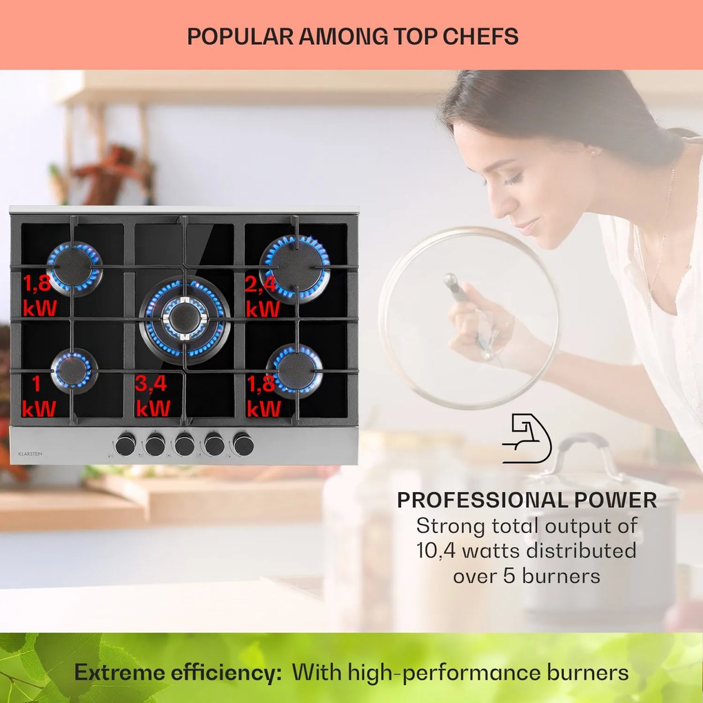 Klarstein Alchemist, gázfőzőlap, 5 alumínium égő, üvegkerámia, fekete