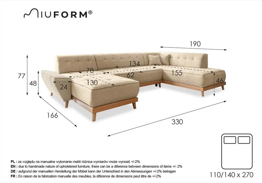 Dazzling Daisy világoskék kinyitható U alakú kanapé, jobb oldalas - Miuform