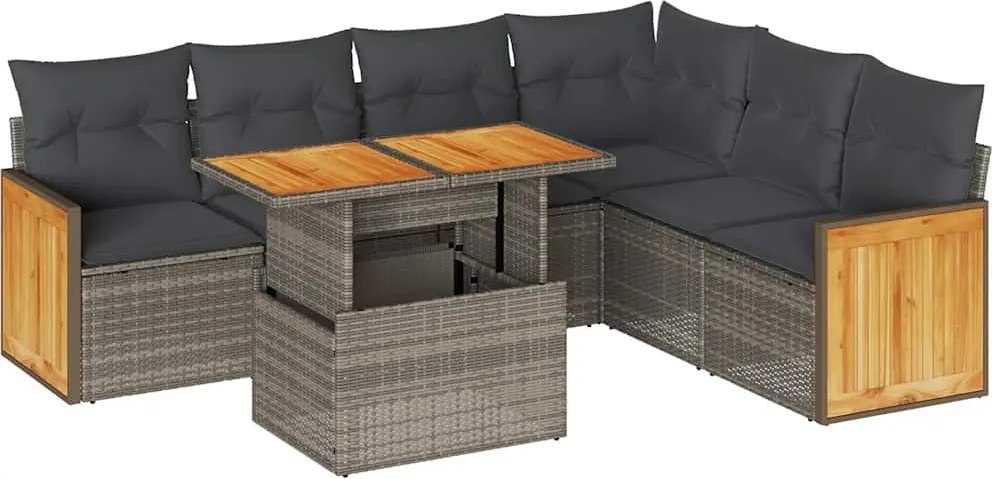 vidaXL 7 részes szürke polyrattan akácfa kerti ülőgarnitúra párnákkal