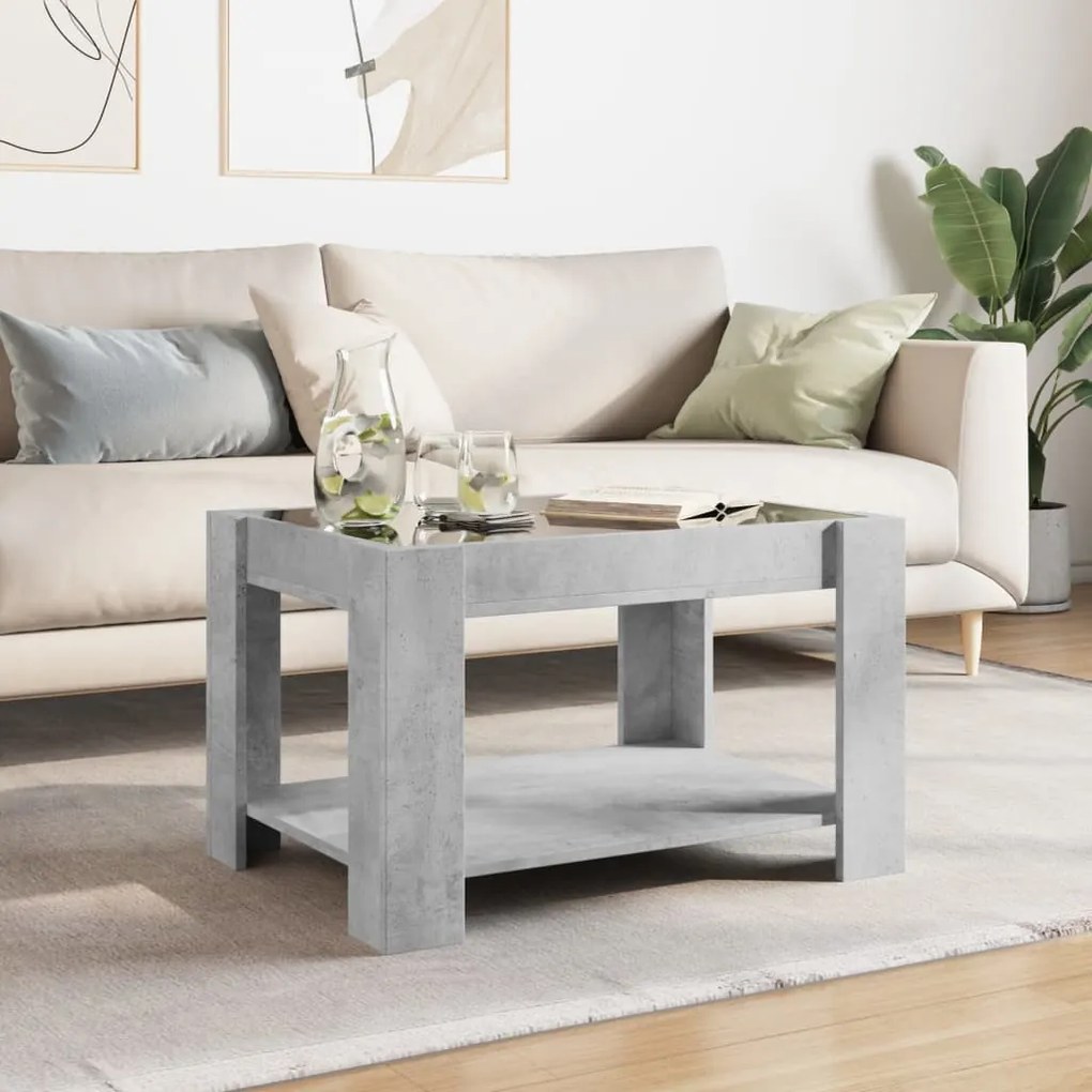 Betonszürke szerelt fa dohányzóasztal LED-del 73 x 53 x 45 cm