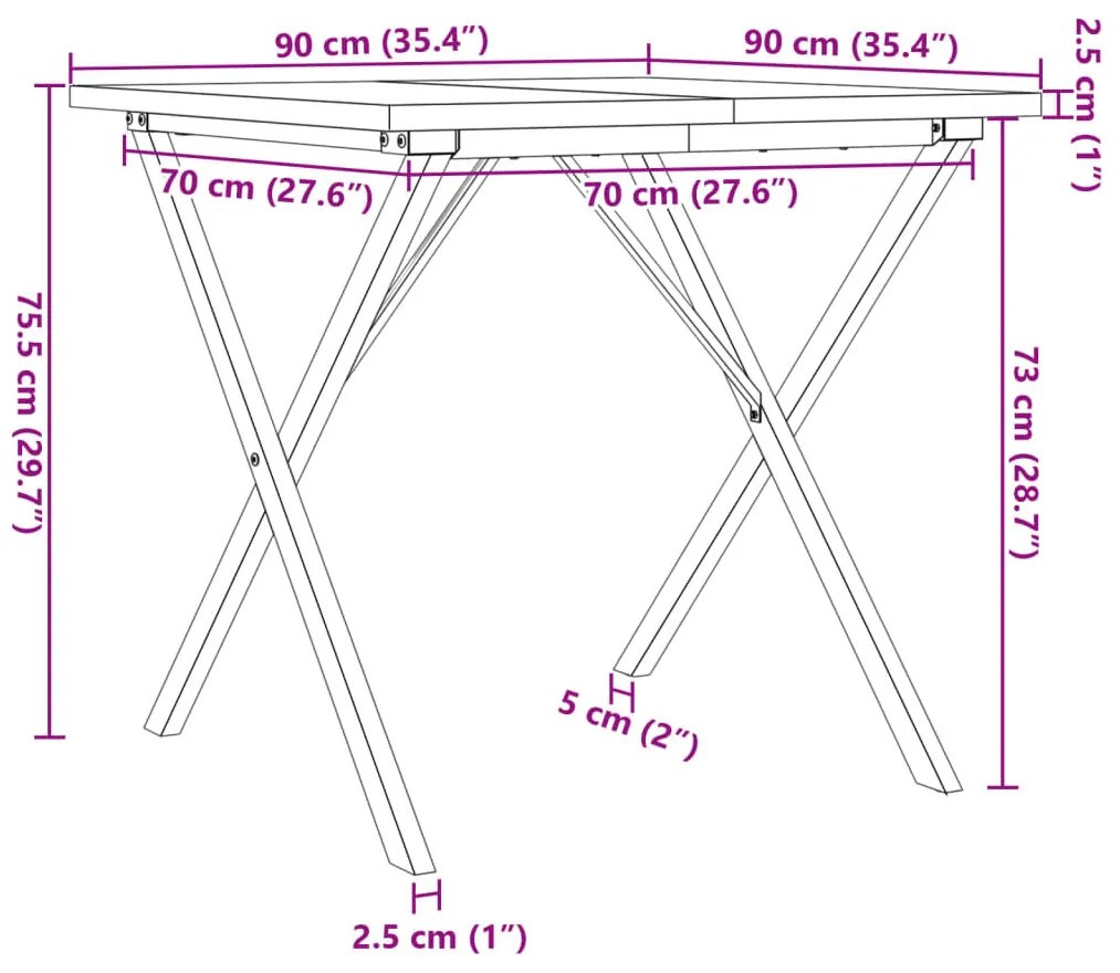 tömör fenyőfa és öntöttvas étkezőasztal X-vázzal 90x90x75,5 cm