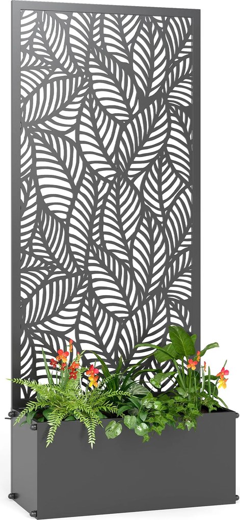 Outsunny porfestett fém virágágyás rácssal — emelt ágyás és privát fal, levélmintás kivágás, futónövényeknek, zöldségeknek és virágoknak, 45 x 21,5 x