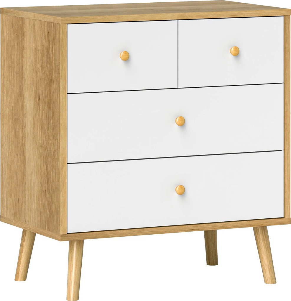 HOMCOM 4-fiókos Fiókos Szekrény Fa Fogantyúkkal, Keskeny Fiókos Szekrény Nappali Előszobához 60x35x65 cm Tölgy és Fehér | Aosom