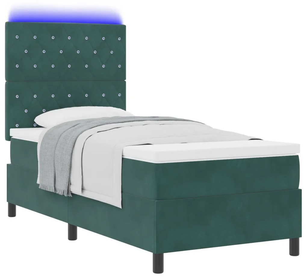 Boxspring Ágy Mattal & LED Sötét Zöld 90x200 cm Bársony
