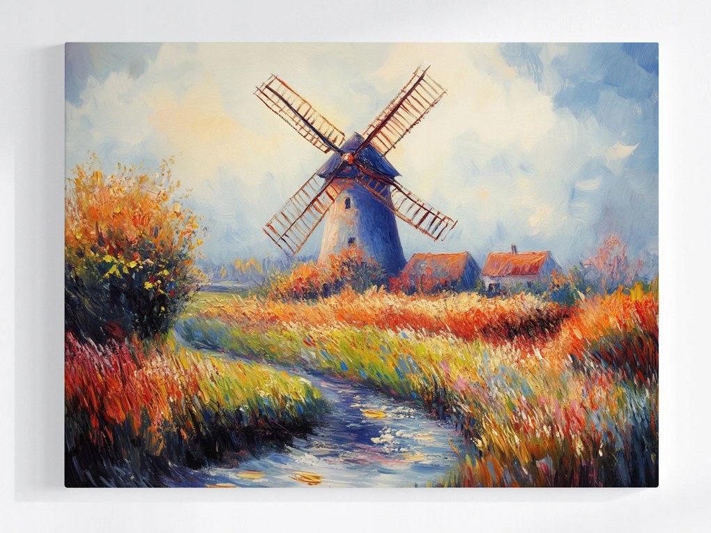 Vászonkép Canvas Tájkép Szabadtéri Táj Falu Szélmalom Folyó 100x75