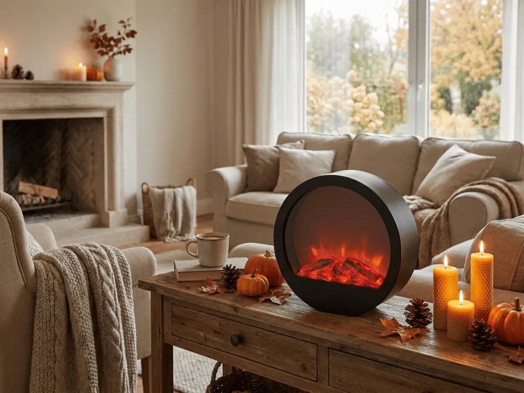LED dekoráció kerek kandalló COZY WARM 35x34,5 cm, fekete
