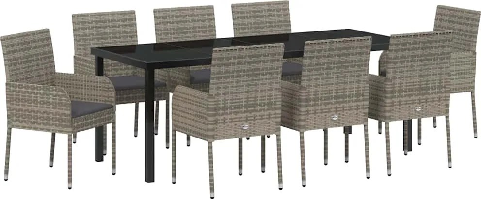 vidaXL Kert étkező szett párnával 9 pcs Szürke polirattan