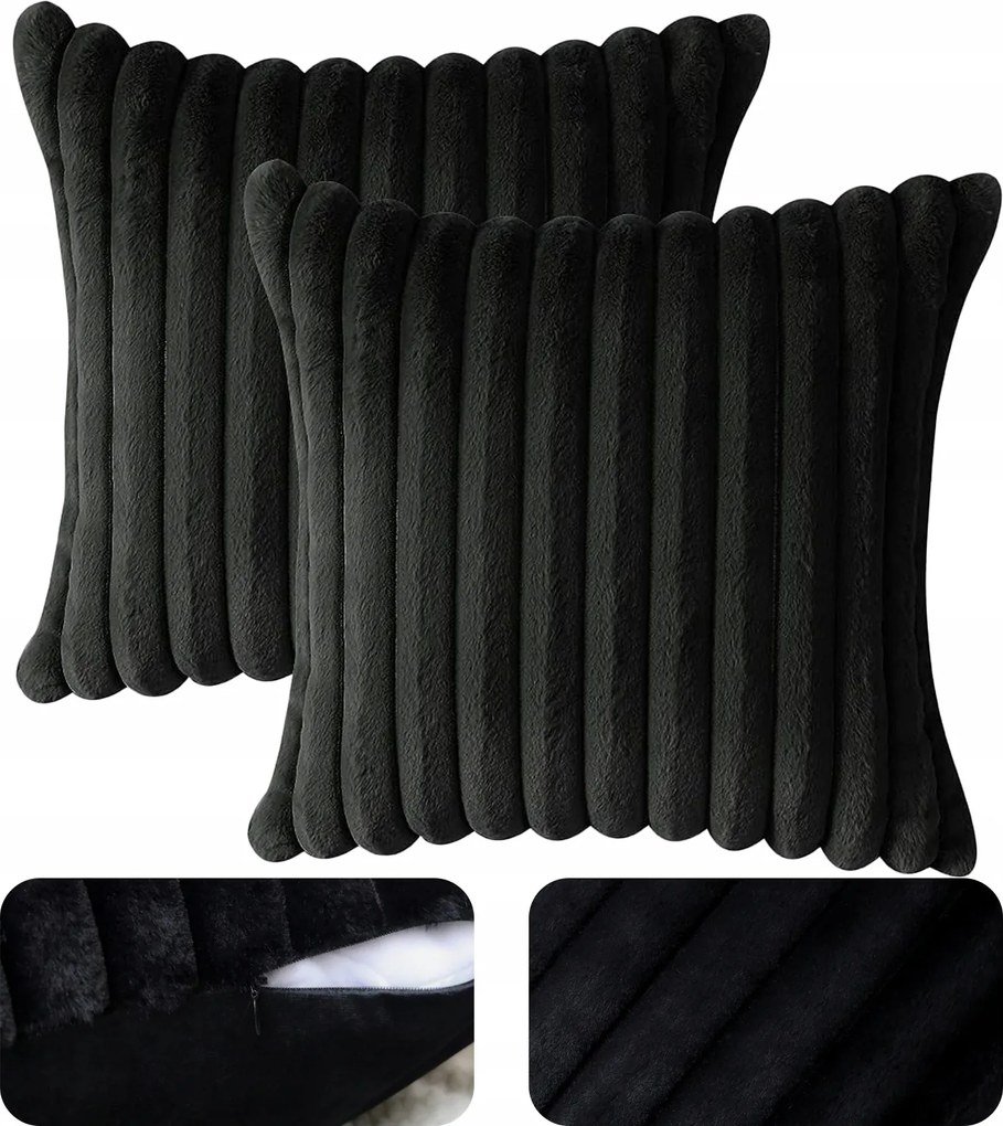 Párnahuzat, Bársony, Csíkos, Puha, Kényelmes, Dekoratív, 2 Db, Fekete, 45X45 CM