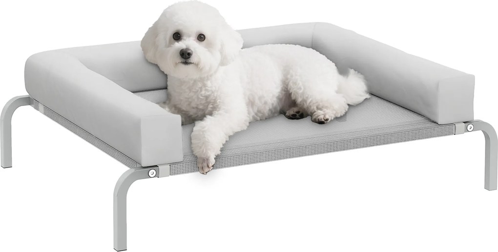 PawHut Felfelé Emelt Kutyafekhely Kivehető Támogatással, Hordozható Kutyafekhely Kis Kutyák Számára Légáteresztő Hálós Acélváz, 90x65x30 cm, Világossz