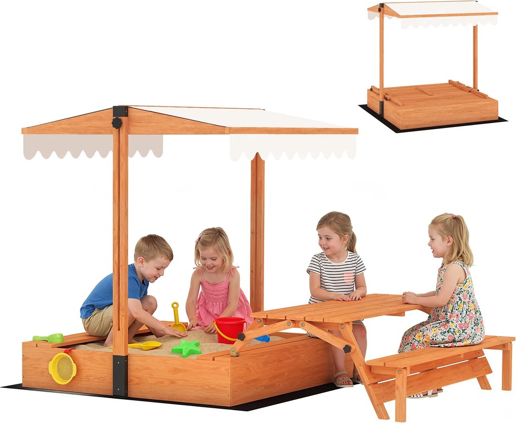AIYAPLAY fa gyerekhomokozó állítható napellenzővel, összecsukható piknikasztallal és padokkal, ponyvával, 6 gyermek (3–8 év), 184×110×120 cm, barna |
