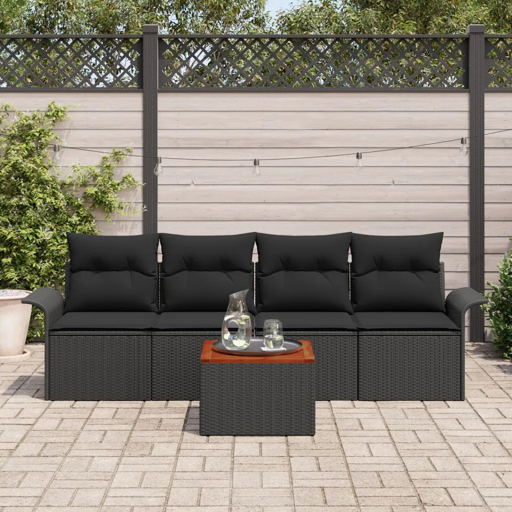 5 Részes Kert Kanapé Szett Párnákkal Fekete Poly Rattan Akácia