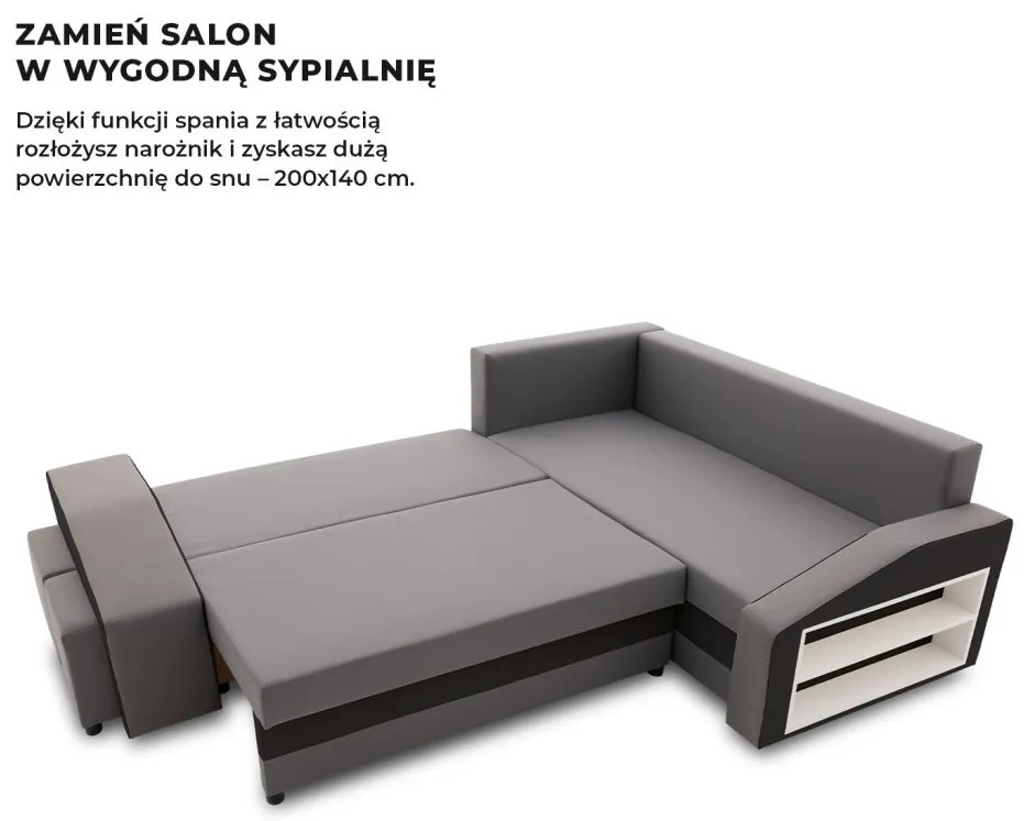 Grande sarokkanapé polcokkal és puffokkal , polc a jobb karfaban puffok a bal karfaban, jobboldali, szövet anyag, hab töltet, szürke - fekete