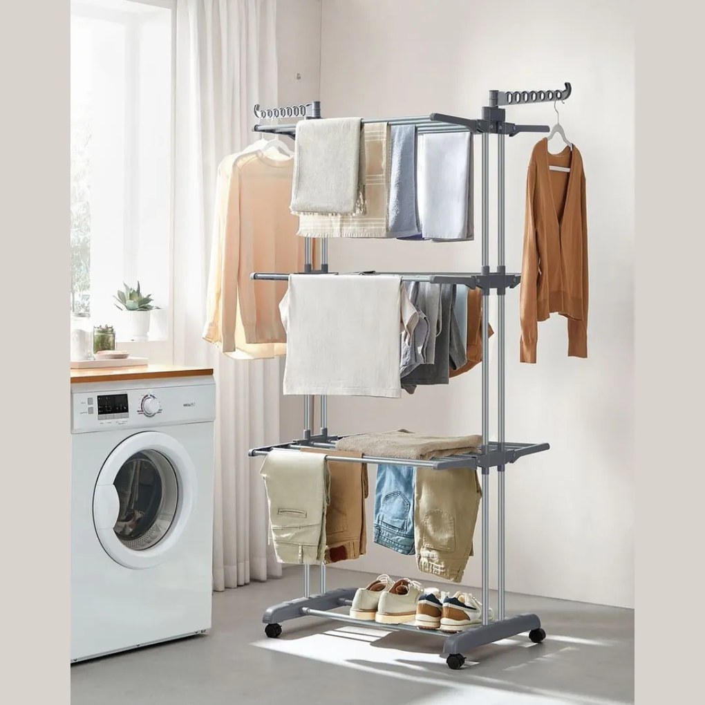 ELTON ruhaszárító 4 szintes, kerekekkel, 76x172x50 cm, szürke SongmicsHome