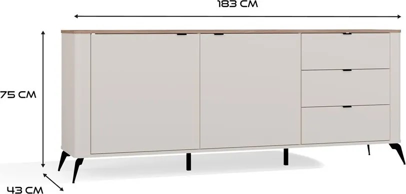 CORDOBA 2D3S komód 183x43x11.5 cm, kasmír, fekete lábakkal, tölgy fedlappal