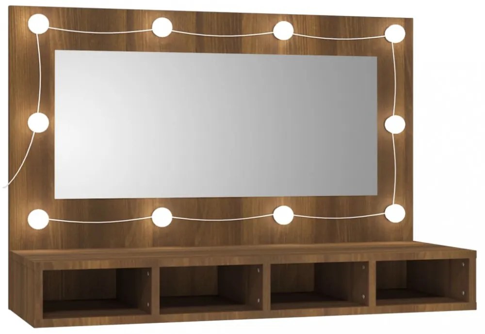 barna tölgy színű tükrös szekrény LED-ekkel 90 x 31,5 x 62 cm