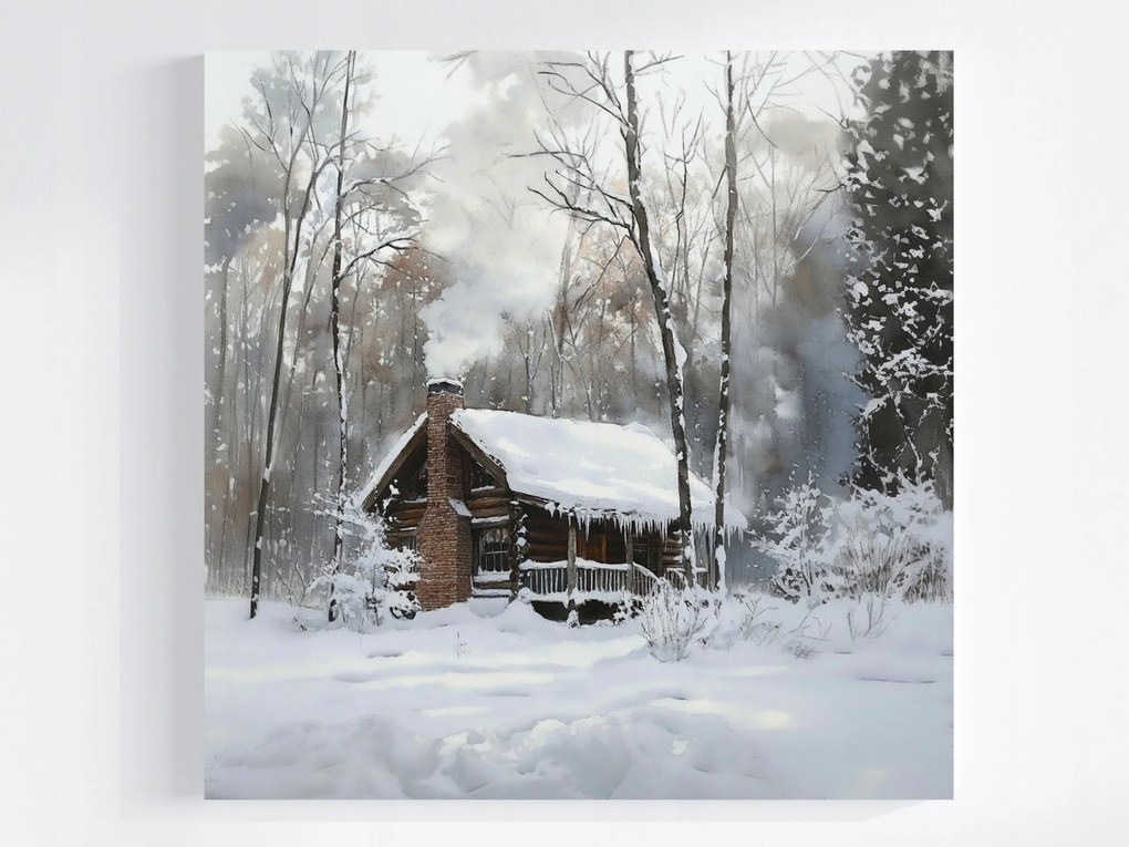 Vászonkép Canvas Tájkép Erdő Kunyhó Ház Hó Fagy Hófúvás Tél 80x80