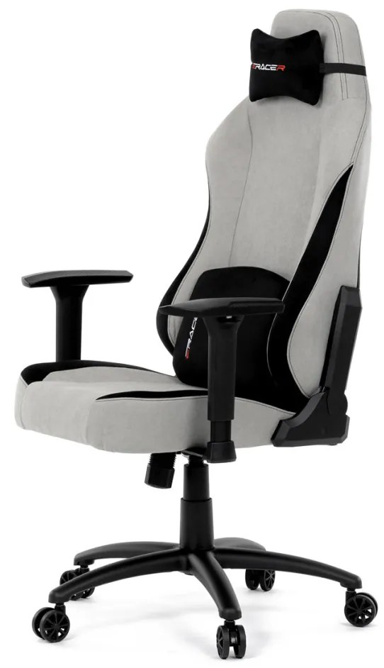 Scaun pivotant gamer, material argintiu, structură balansoar, poziționare spătar 90°-180°, cotiere 3D, perne din spumă cu memorie