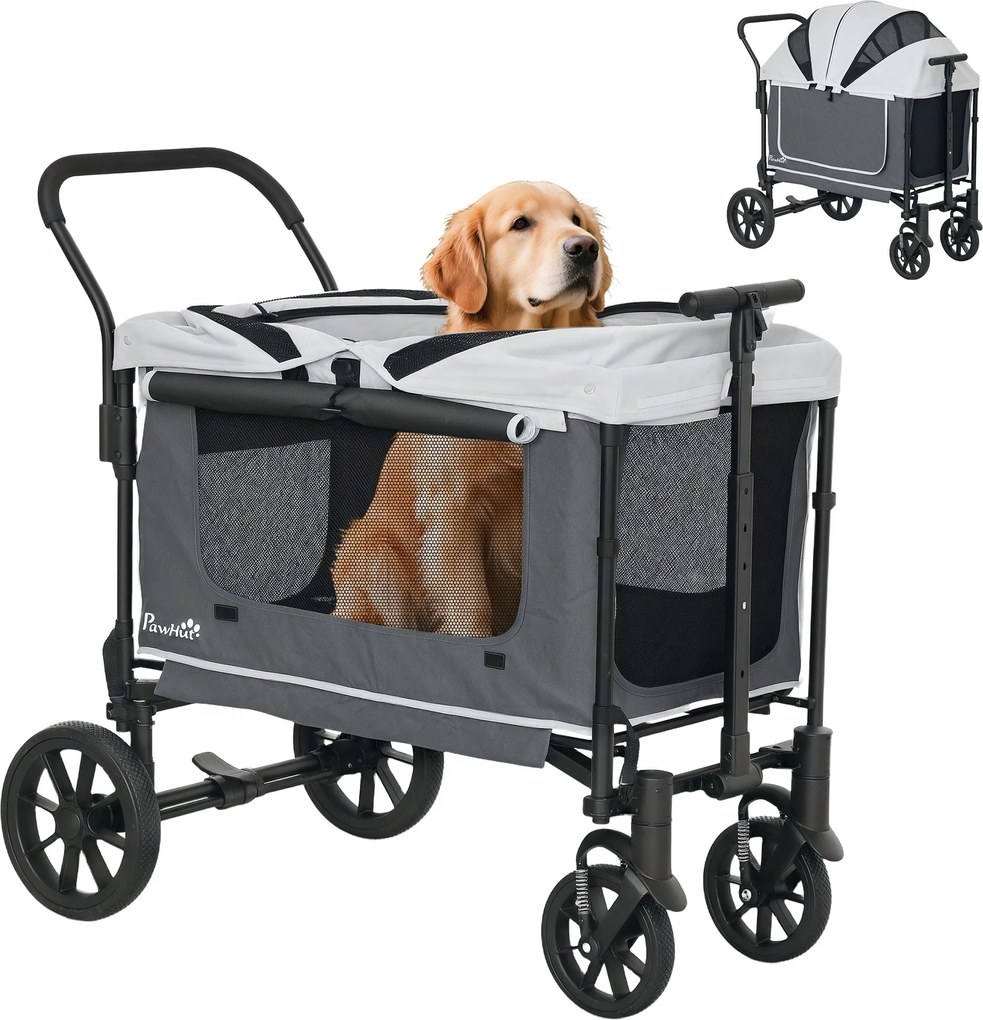 PawHut 2 az 1-ben Kutyakocsi Kutyakocsik Összecsukható Kutyák és Macskák Részére 30 kg-ig Kocsi Párnával Hálós Ablakokkal 2 Ajtóval Tárolótáska Sötét
