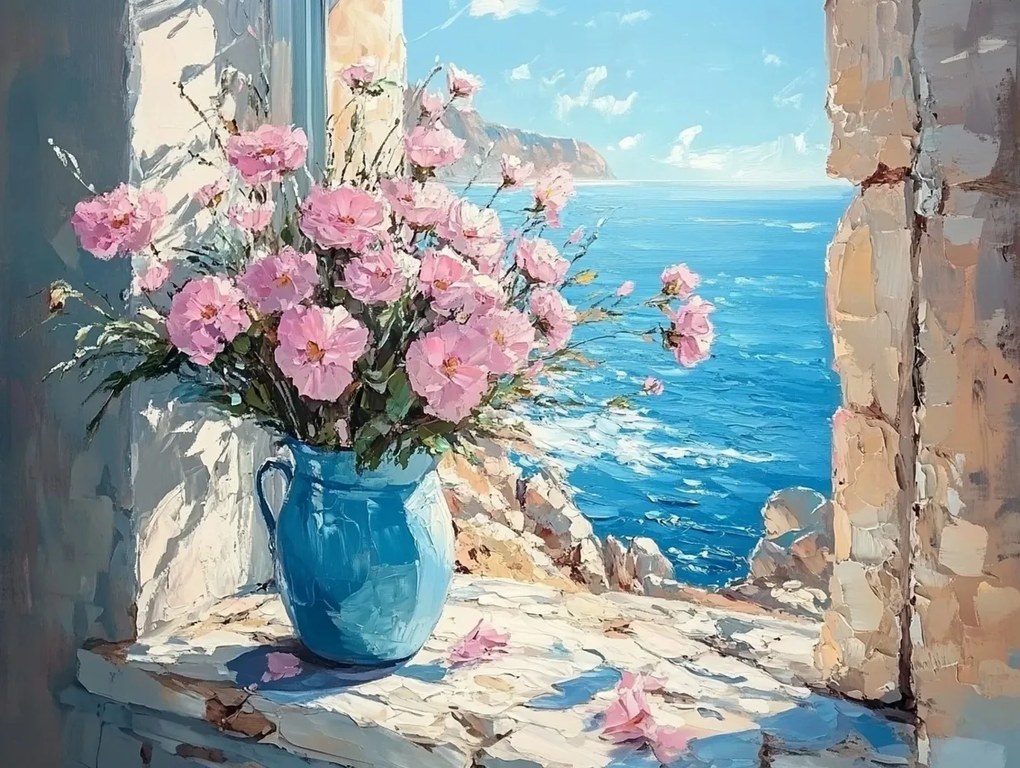 Vászonkép Canvas Olaj Ablak Kilátás Tenger Dél Virágok Váza 80x60