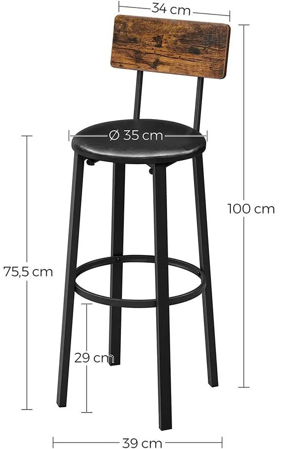2 db Bárszék lábtartóval 39 x 100 x 39 cm, rusztikus barna és fekete