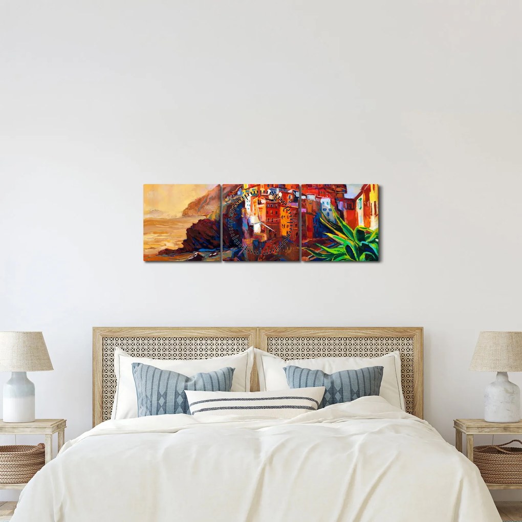 Kép - Falu Cinque Terre partján, az olasz riviérán, modern impresszionizmus (órával) (90x30 cm)