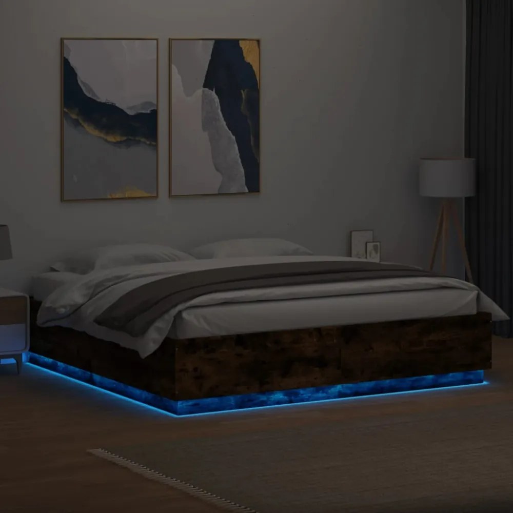 füstös tölgy színű szerelt fa ágykeret LED-del 200 x 200 cm