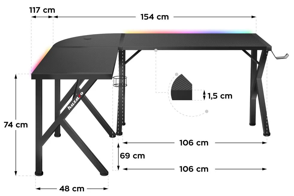 Sarok gamer asztal RGB, 154x117cm, fém / szén, Fekete