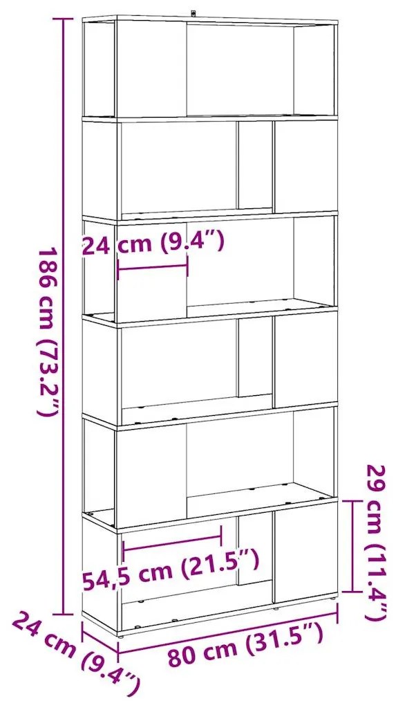 antik fa színű térelválasztó könyvszekrény 80 x 24 x 186 cm