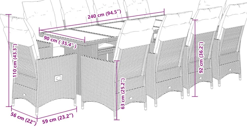 11 részes szürke polyrattan kerti bisztrógarnitúra párnákkal
